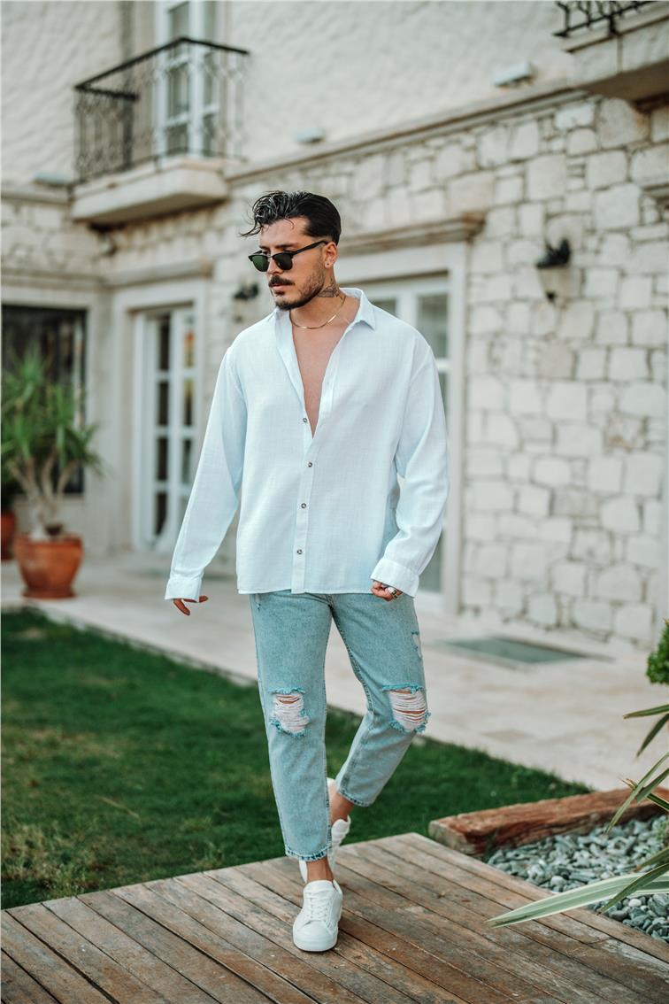 Örgülü Oversize Gömlek Beyaz