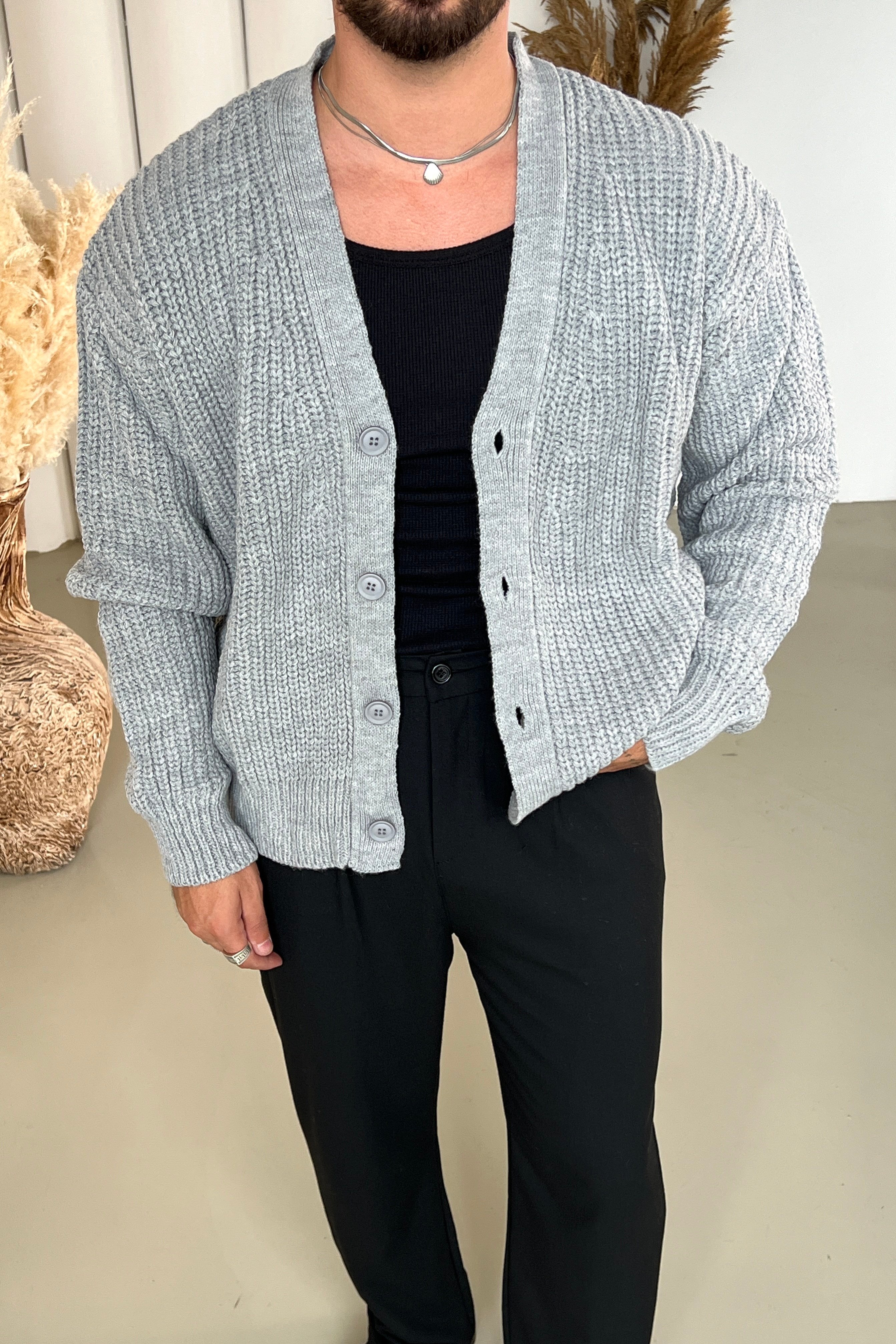 Örgülü Oversize Hırka Gri