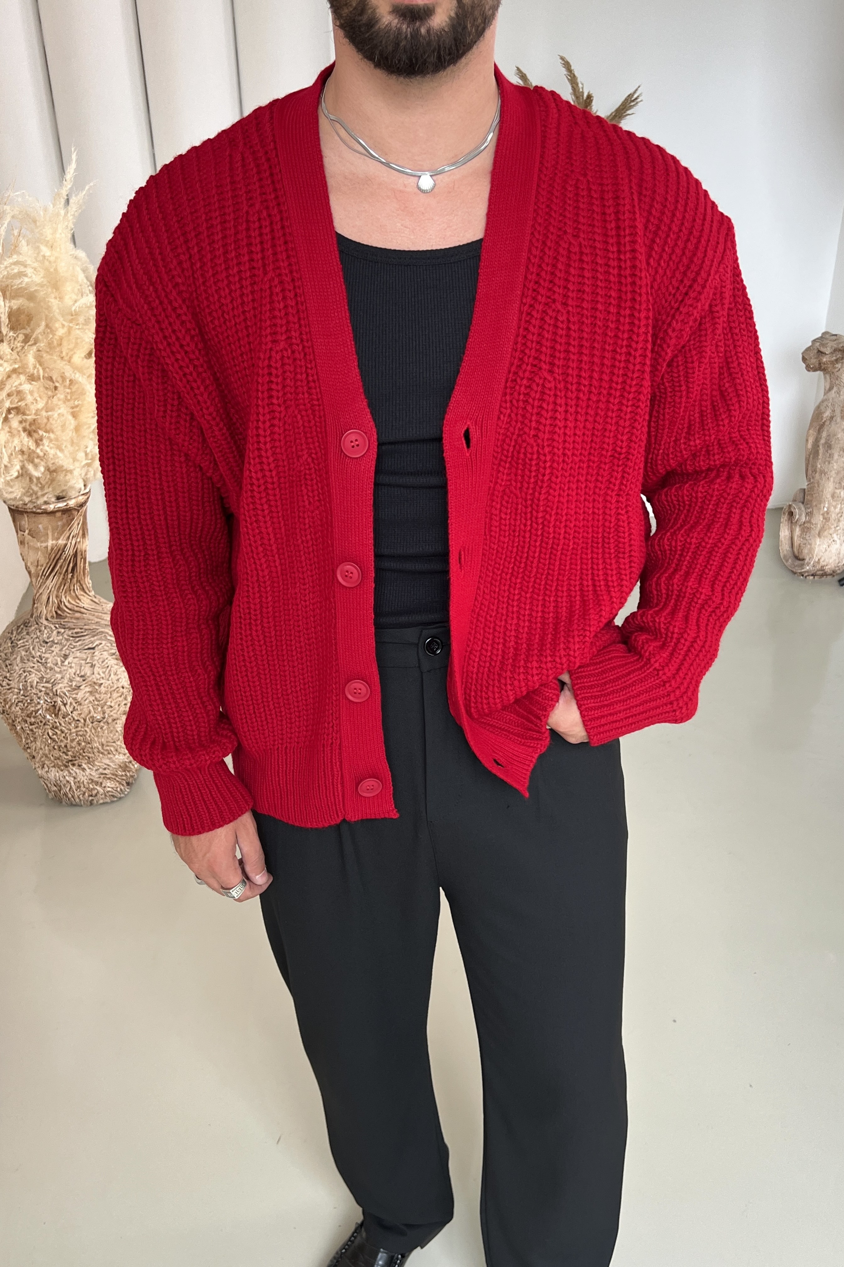 Örgülü Oversize Hırka Kırmızı