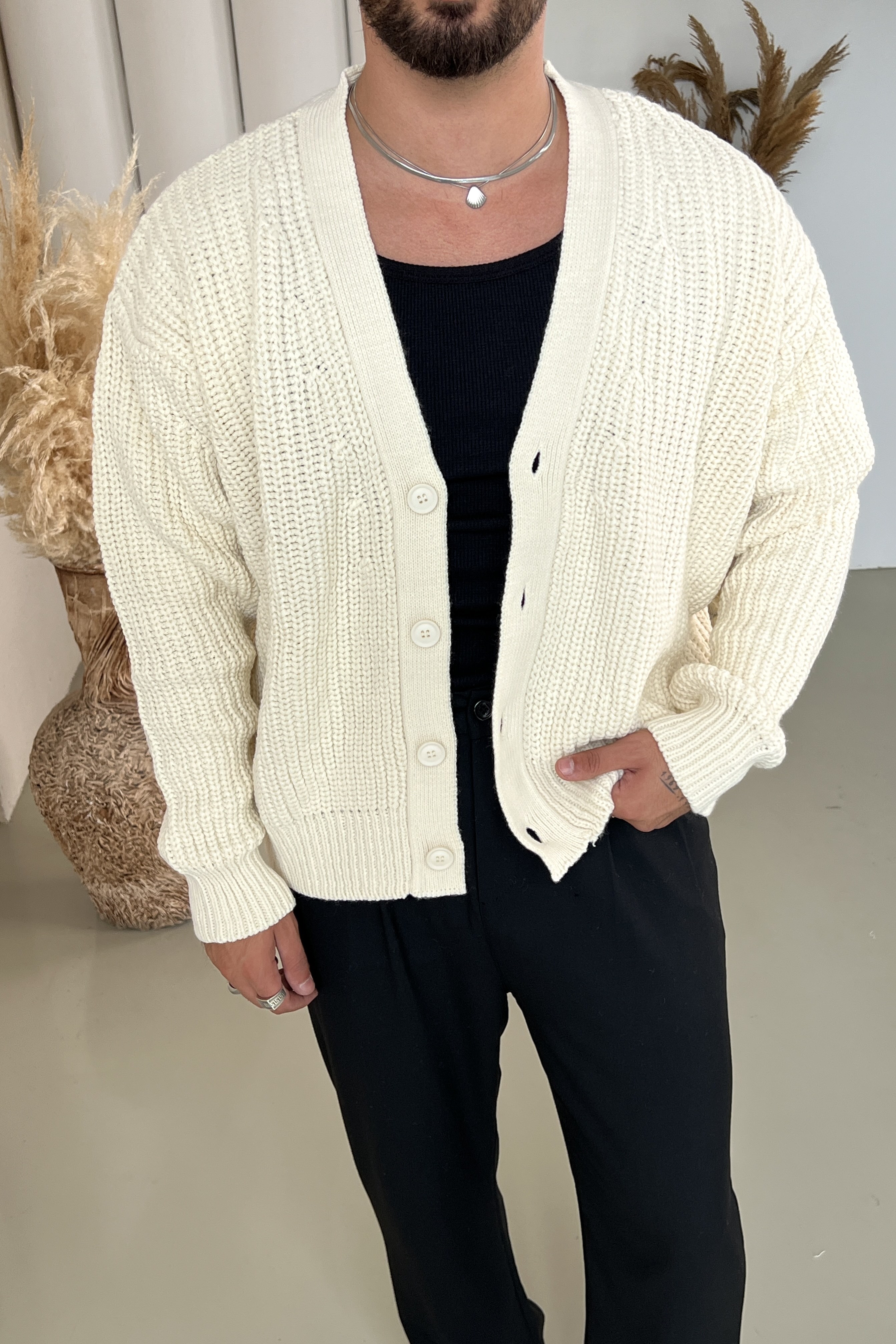 Örgülü Oversize Hırka Krem