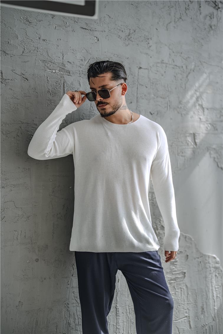 Örgülü Oversize Triko Uzun Kollu Kazak Beyaz