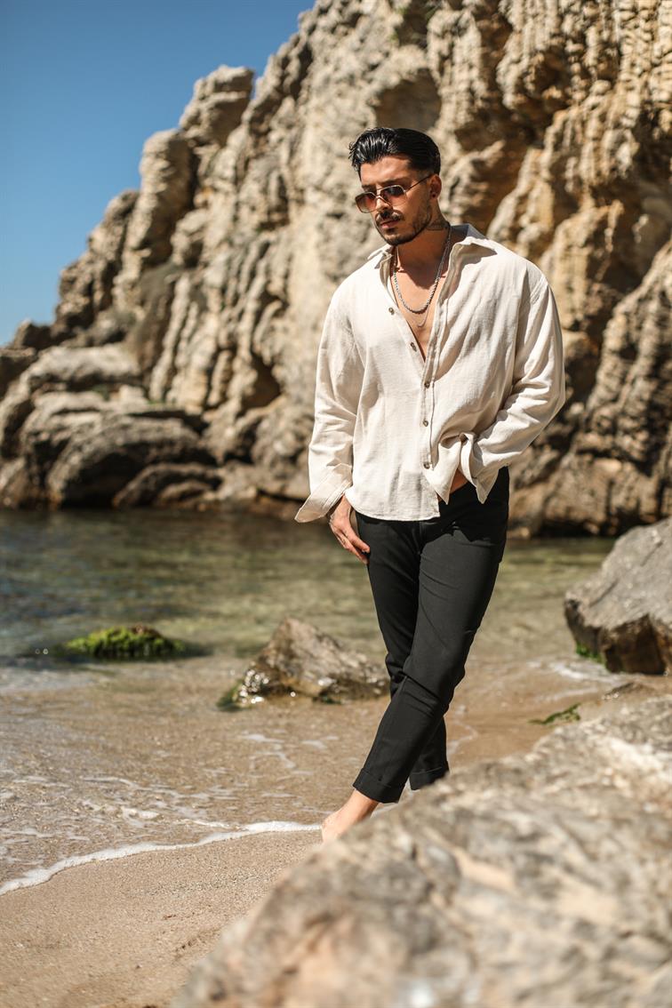 Örgülü Pamuk Oversize Gömlek Krem