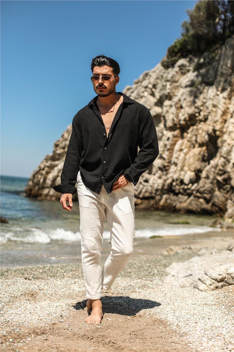 Örgülü Pamuk Oversize Gömlek Siyah