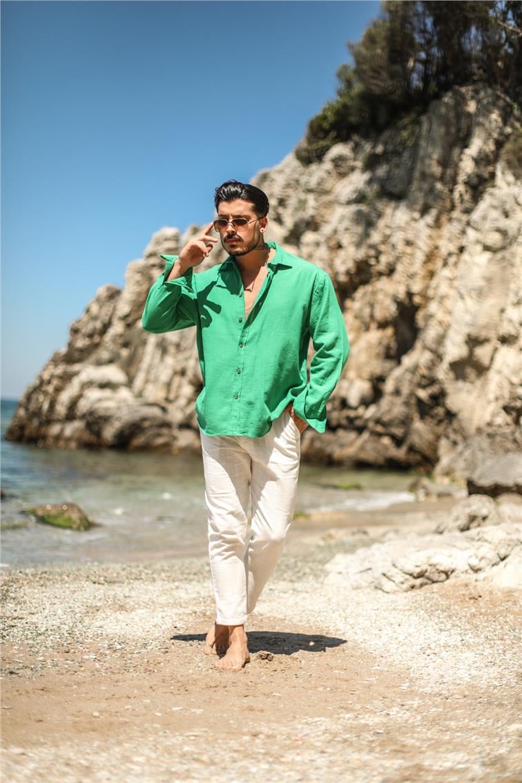 Örgülü Pamuk Oversize Gömlek Yeşil
