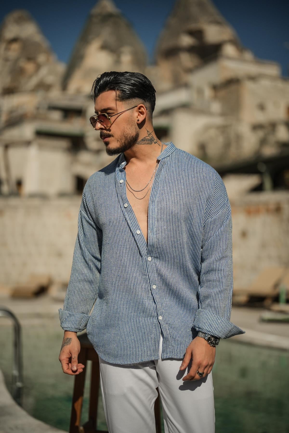 Örme Basic Dik Yakalı Pamuklu Gömlek Koyu Mavi