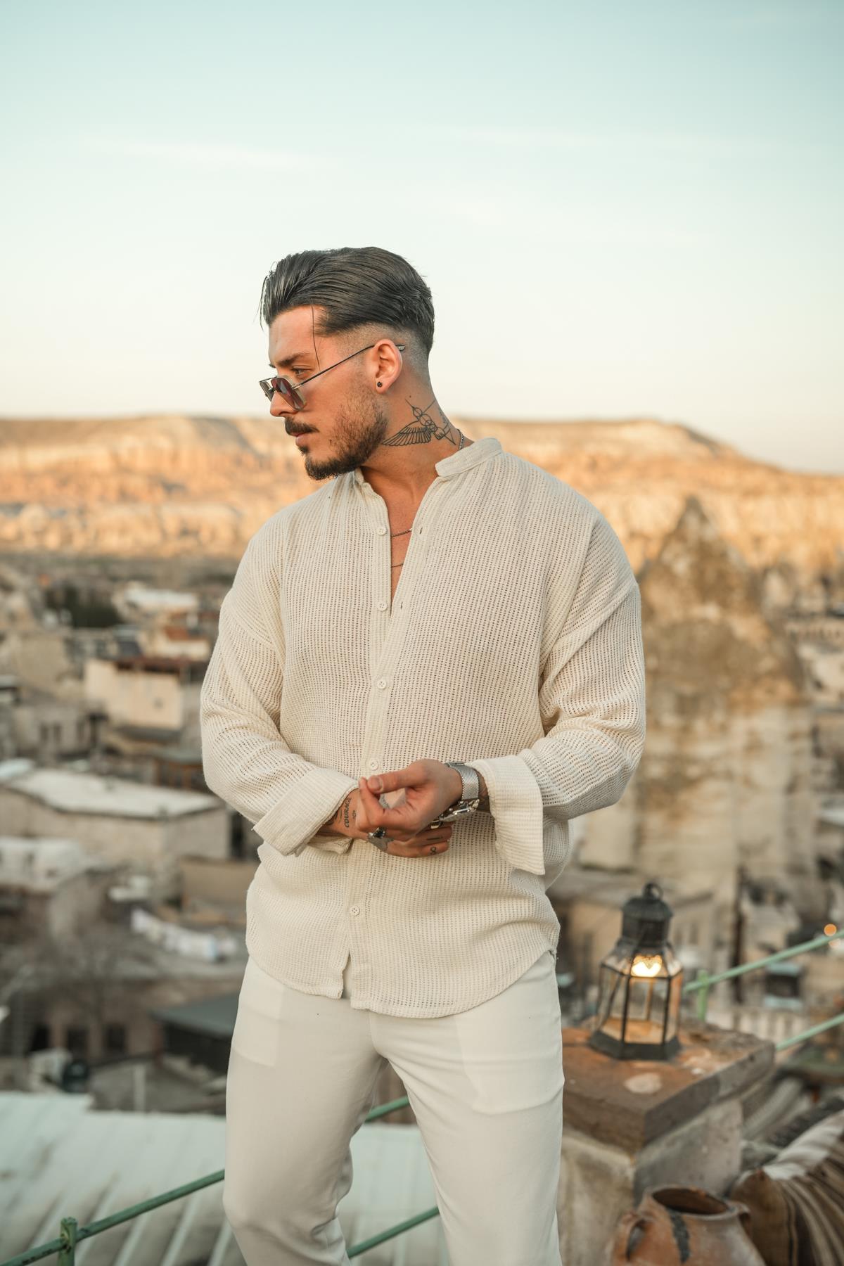 Örme Basic Dik Yakalı Pamuklu Gömlek Krem