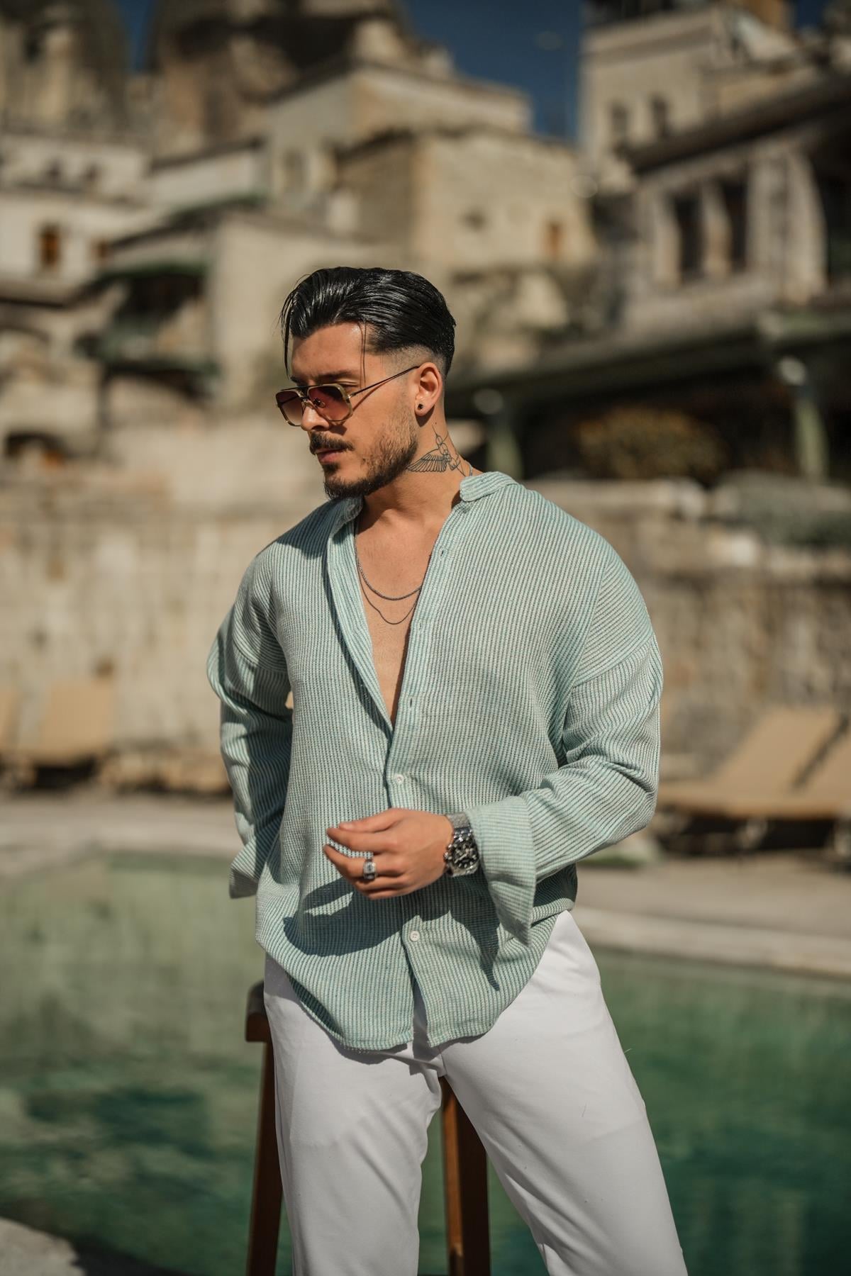 Örme Basic Dik Yakalı Pamuklu Gömlek Turkuaz