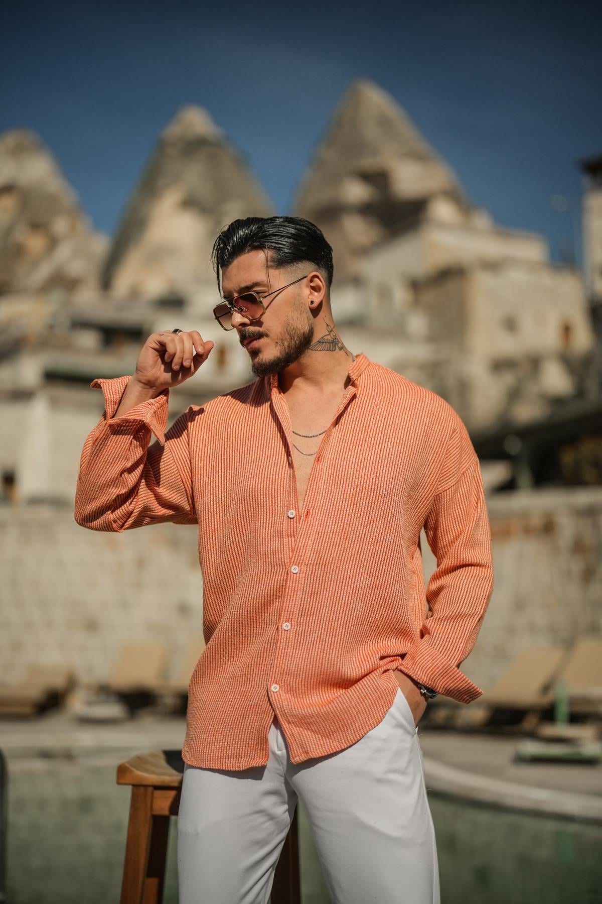 Örme Basic Dik Yakalı Pamuklu Gömlek Turuncu