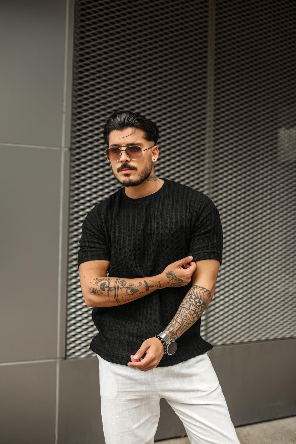 Örme Detaylı Oversize T-Shirt Siyah