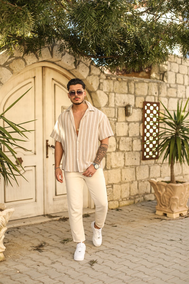 Örme Keten Çizgili Kısa Kol Oversize Gömlek