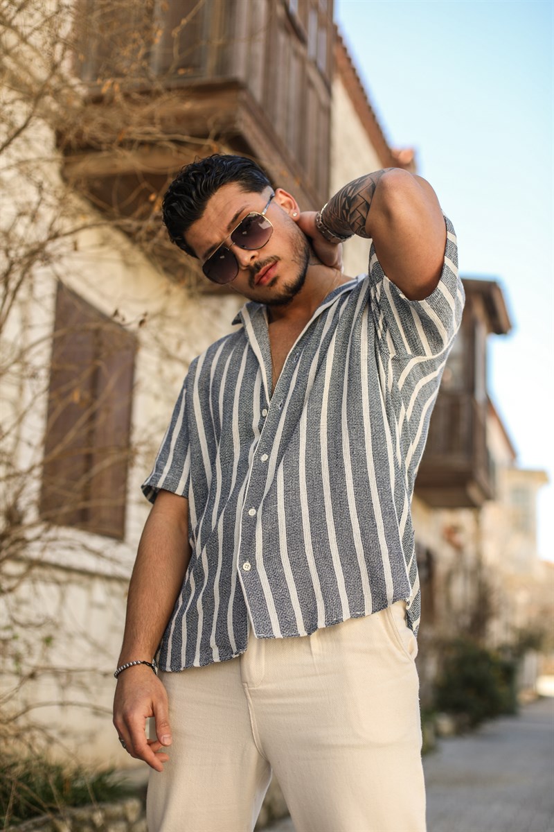 Örme Keten Çizgili Kısa Kol Oversize Gömlek