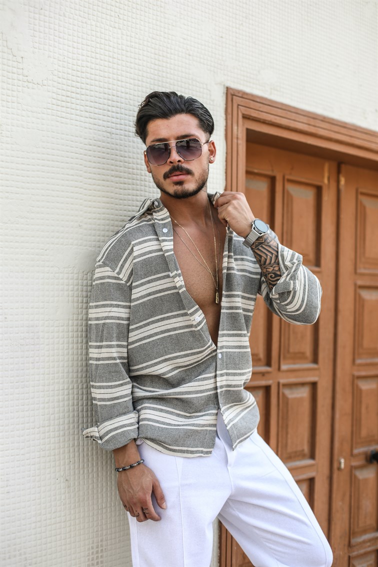 Örme Keten Desenli Oversize Gömlek