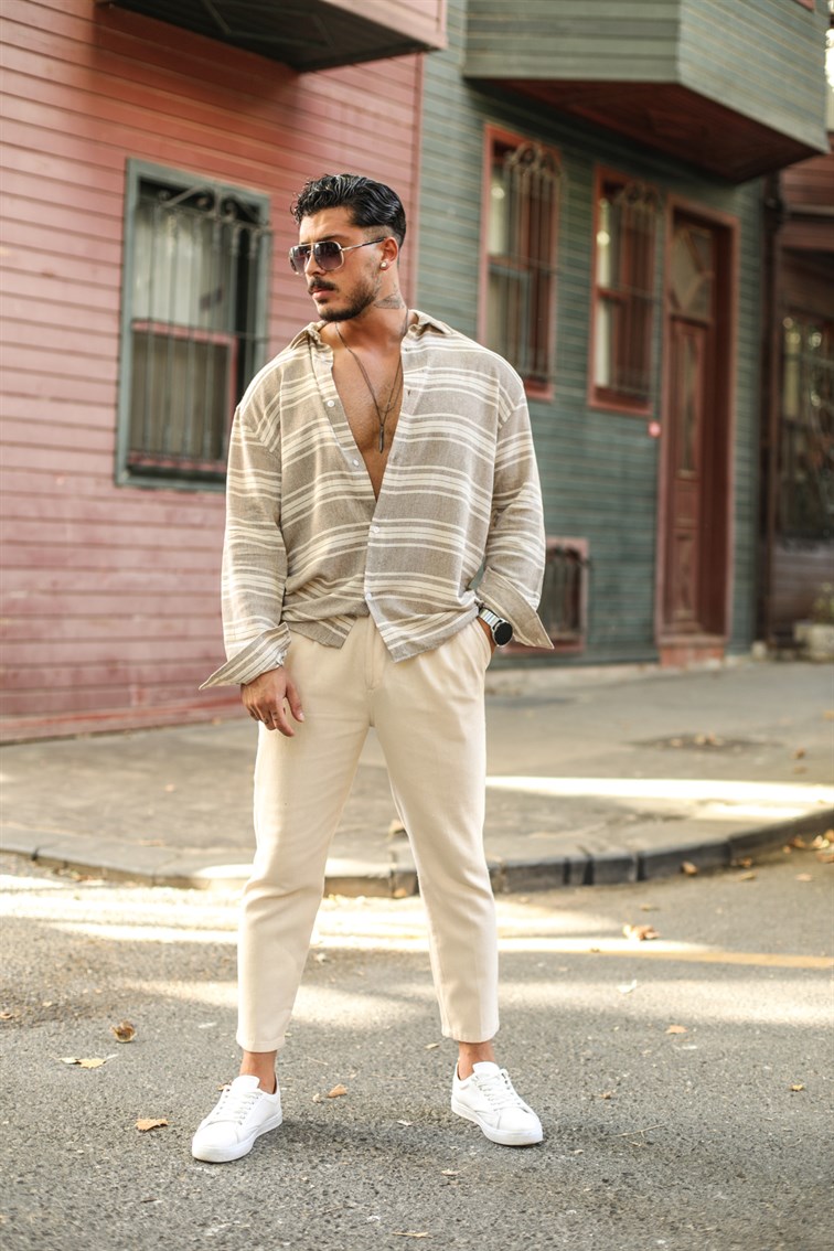 Örme Keten Desenli Oversize Gömlek