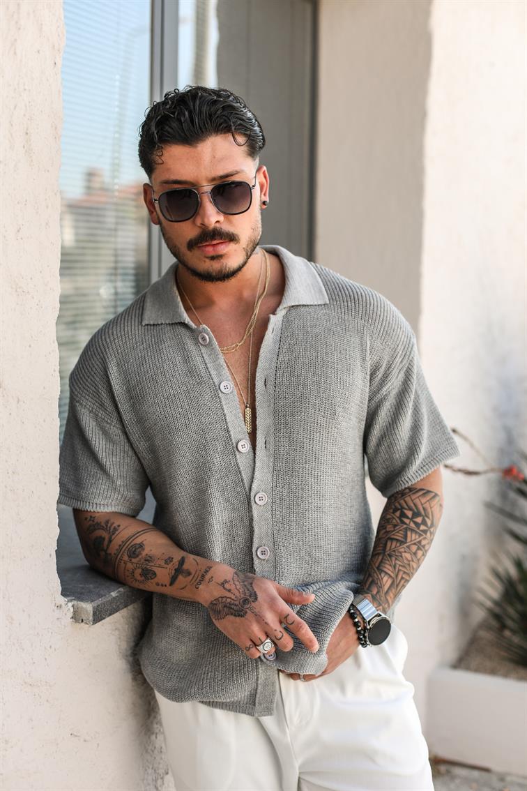 Örme Polo Yaka İnce Triko Gömlek Gri