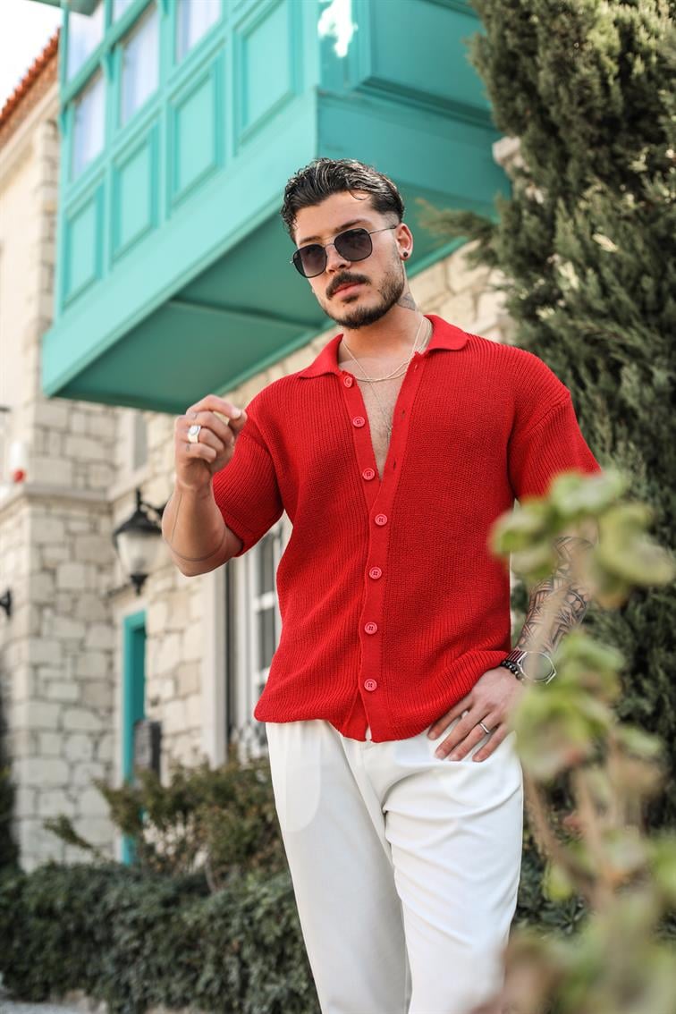 Örme Polo Yaka İnce Triko Gömlek Kırmızı