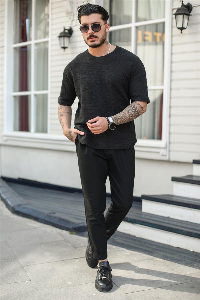 Örmeli Relax Oversize T-Shirt Siyah