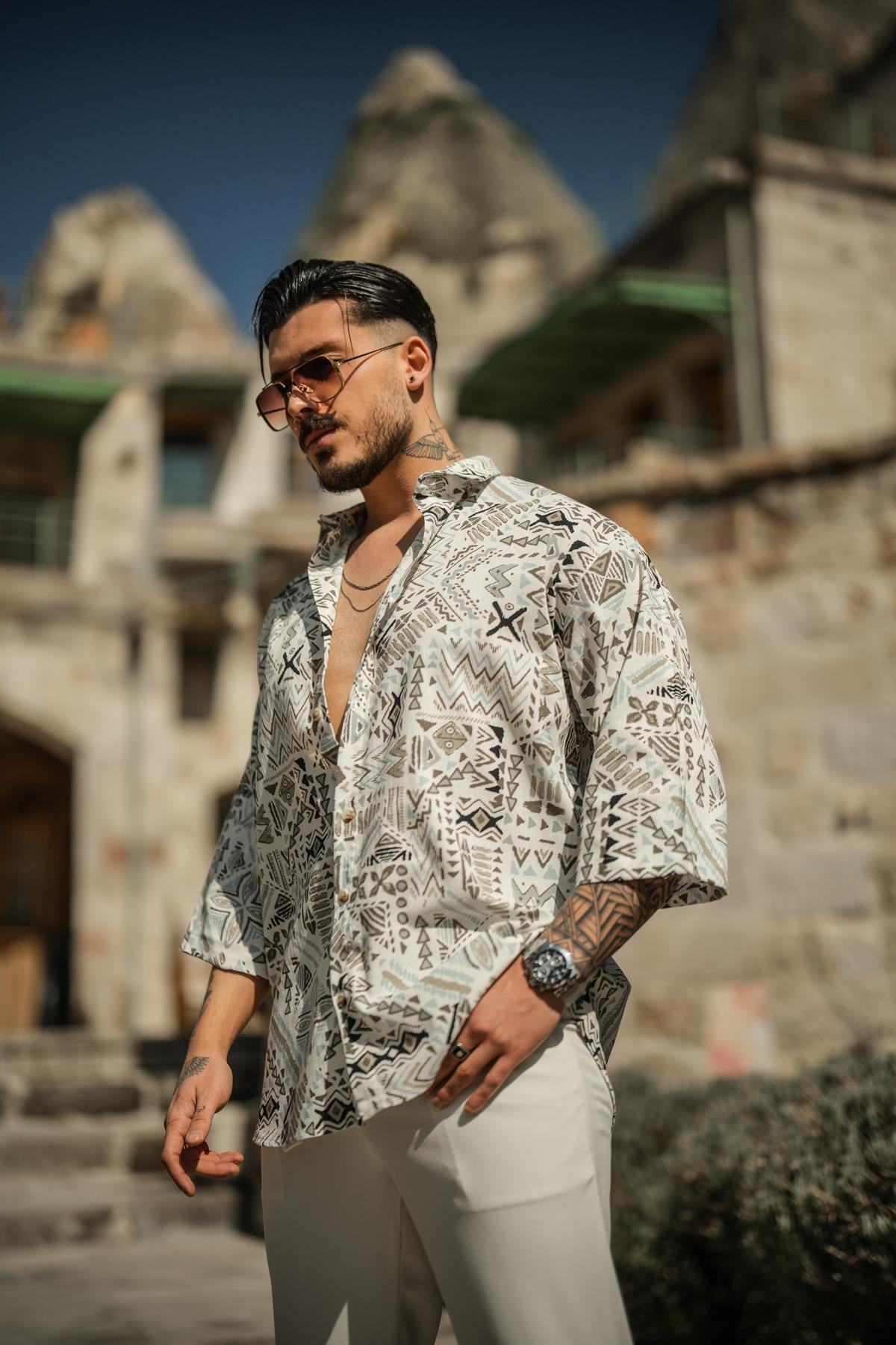 Otantik Desenli Oversize Fakir Kol Gömlek Mavi