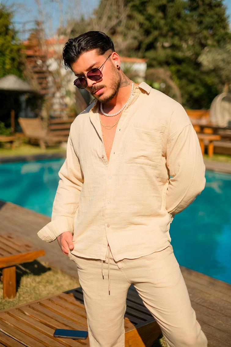 Oval Kesim Müslin Oversize Gömlek Bej