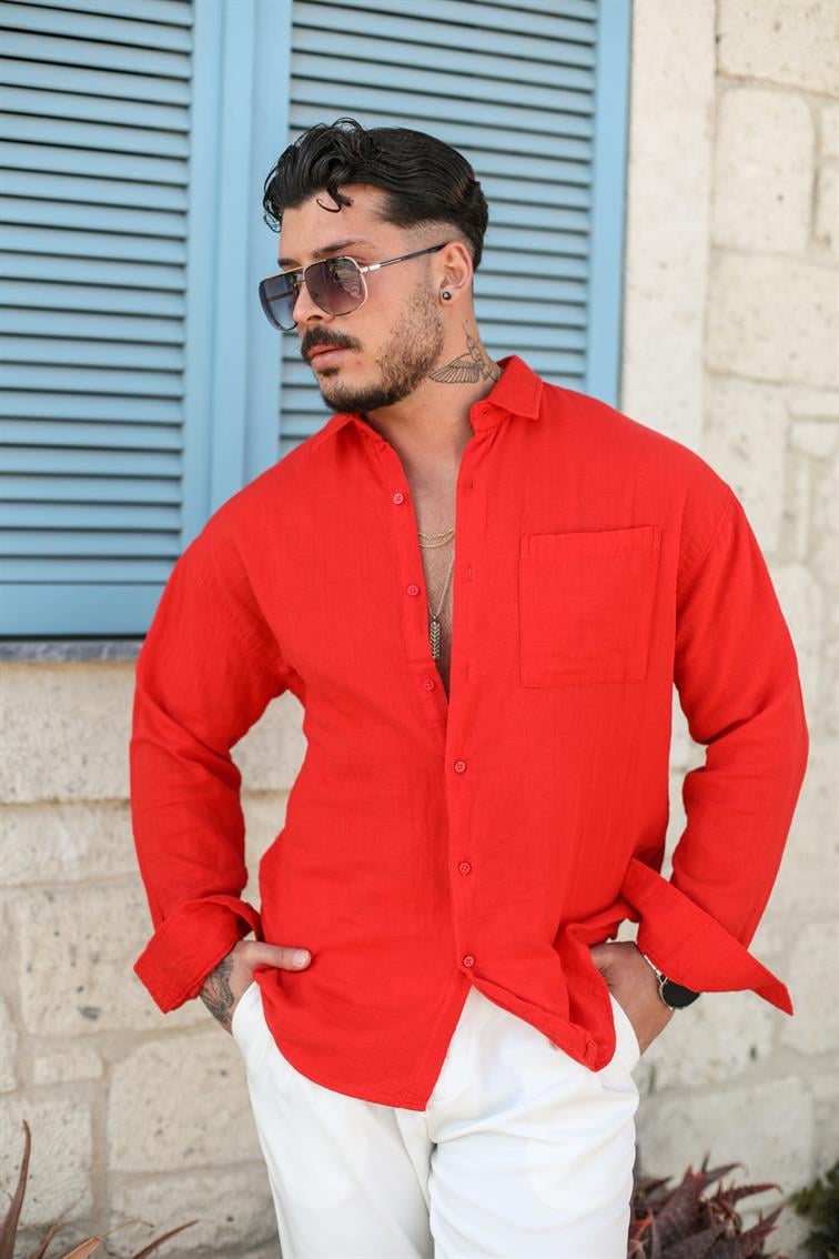 Oval Kesim Müslin Oversize Gömlek Kırmızı
