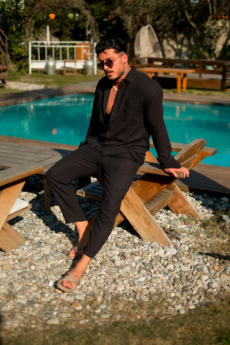 Oval Kesim Müslin Oversize Gömlek Siyah
