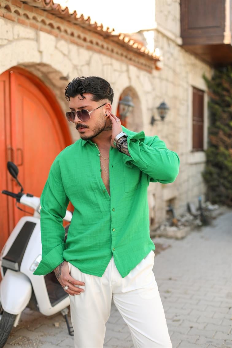 Oval Kesim Müslin Oversize Gömlek Yeşil