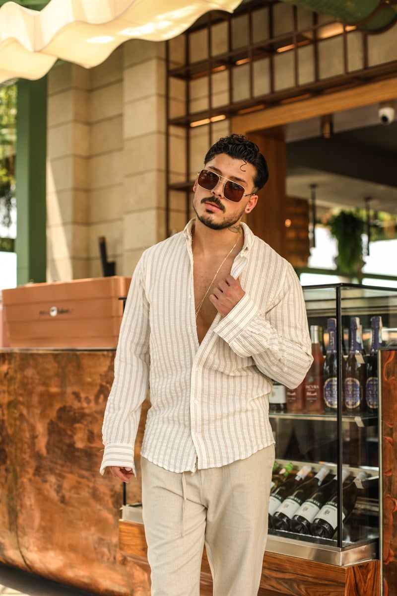 Oval Kesim Yaka Düğmeli Çizgili Slim Fit Gömlek