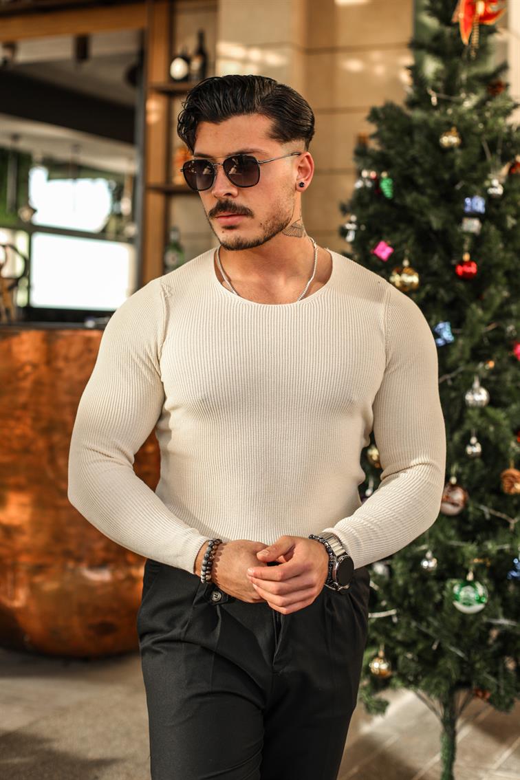 Oval Yaka Örgülü Slim Fit Kazak Bej