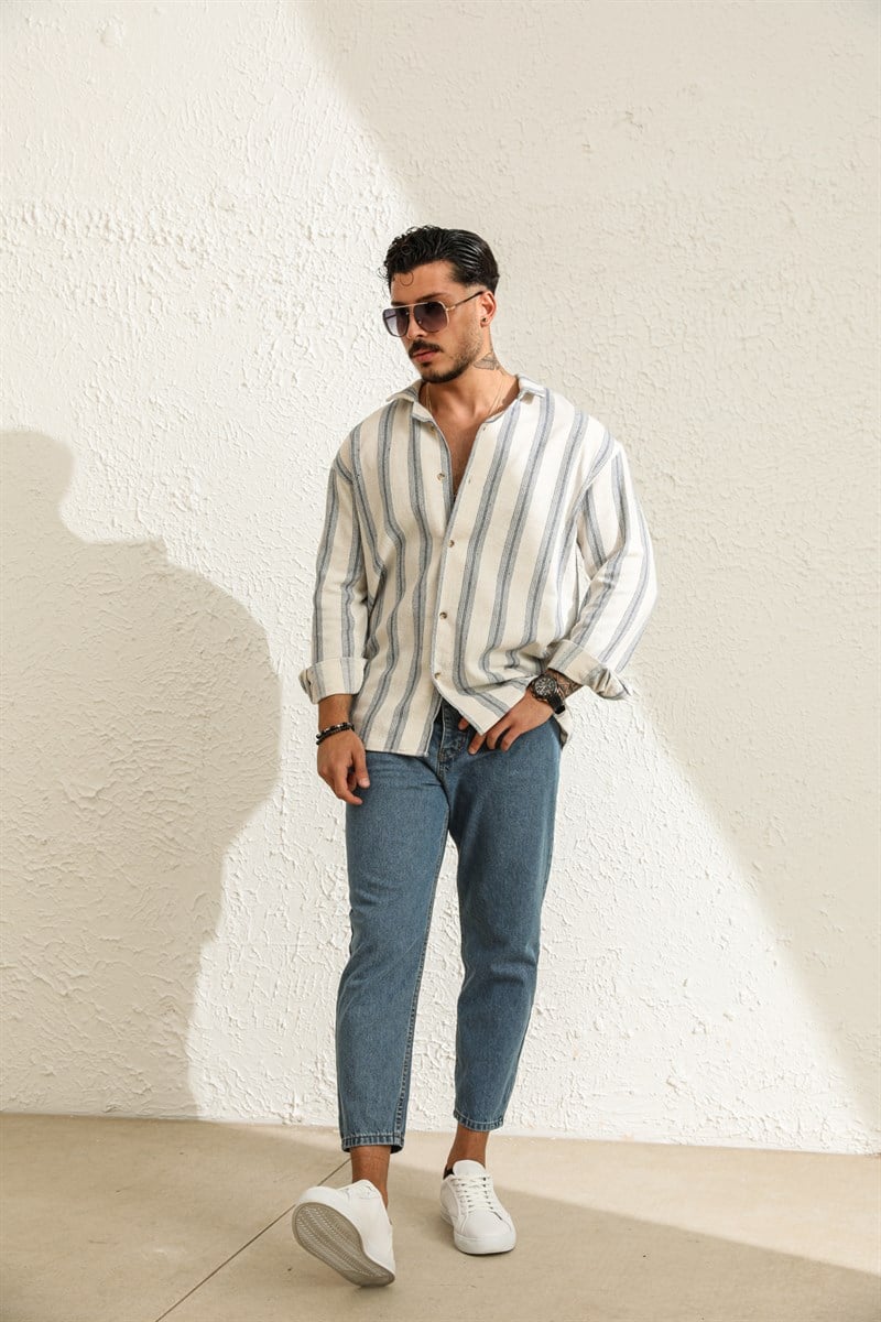 Oversize Çizgili Pamuk Gömlek