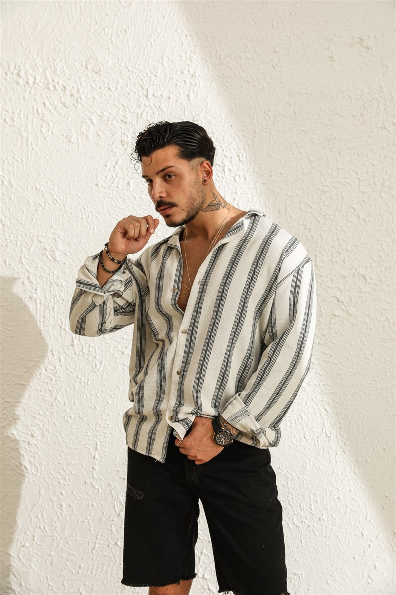 Oversize Çizgili Pamuk Gömlek
