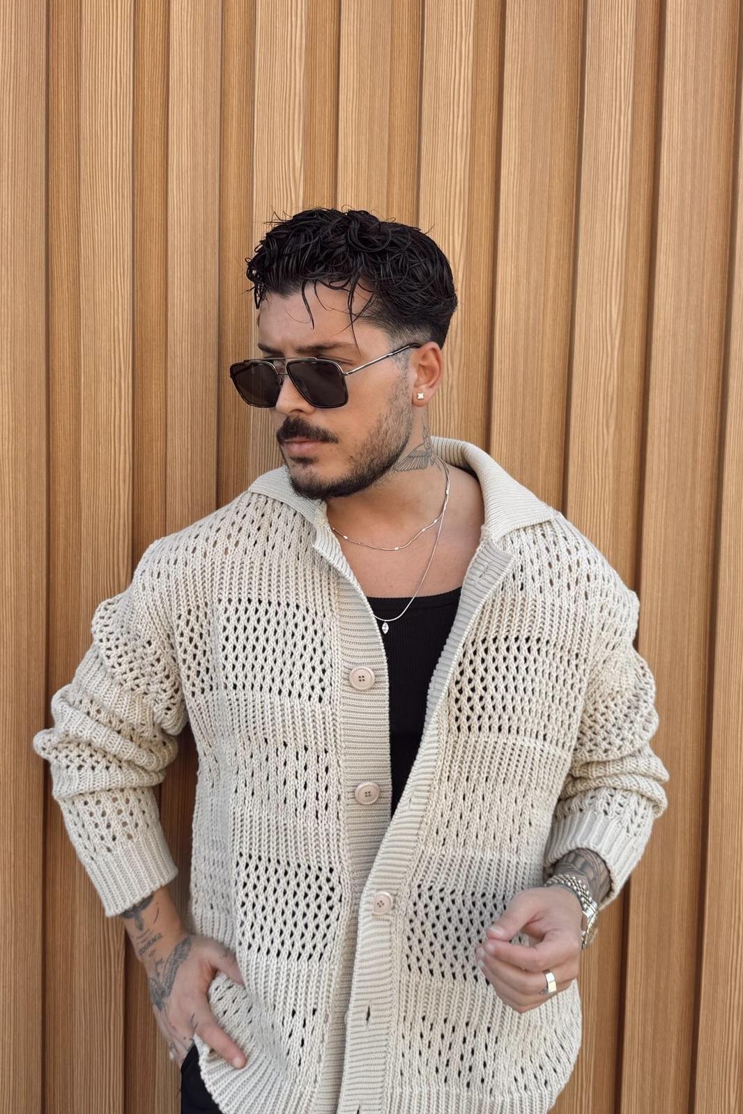 Oversize Düğmeli Örgü Hırka Krem