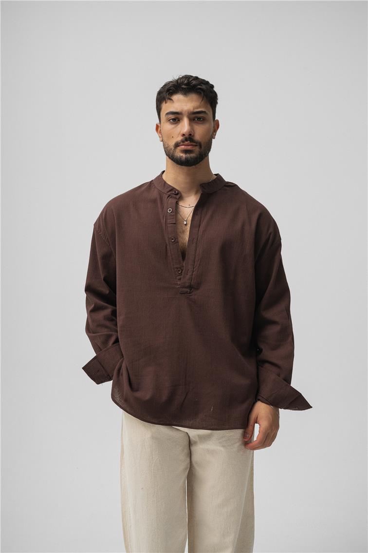 Oversize Keten T-Shirt Kahve
