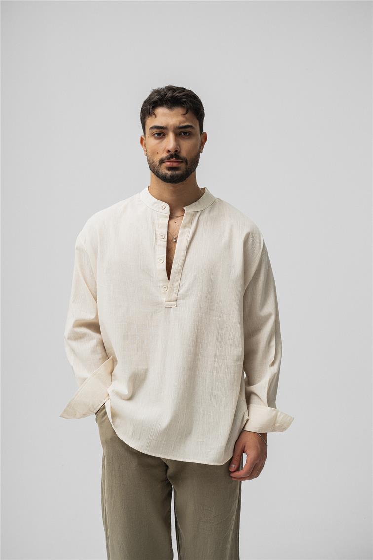 Oversize Keten T-Shirt Krem
