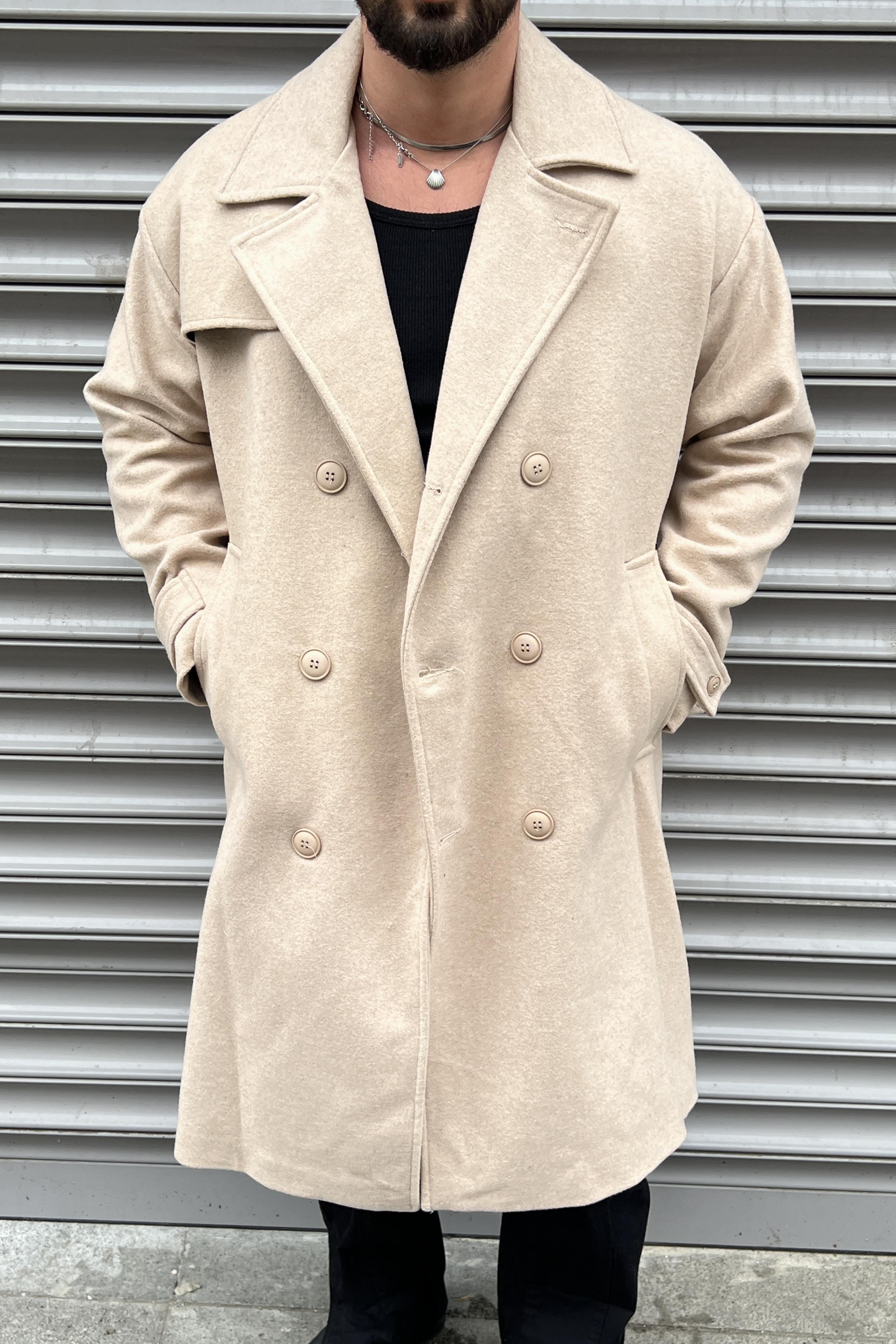 Oversize  Kol Detay Kaşe Kaban Bej