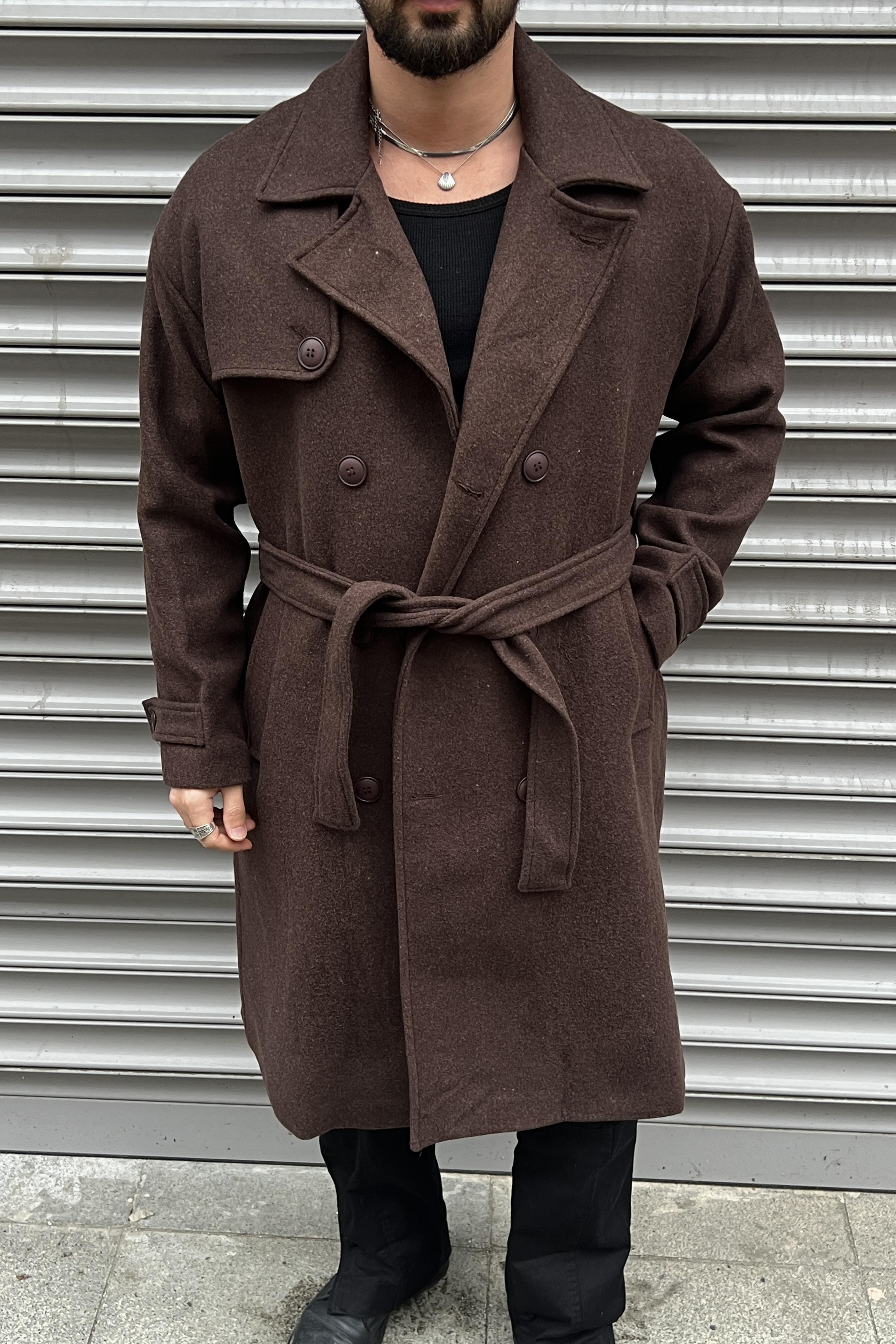 Oversize  Kol Detay Kaşe Kaban Kahve