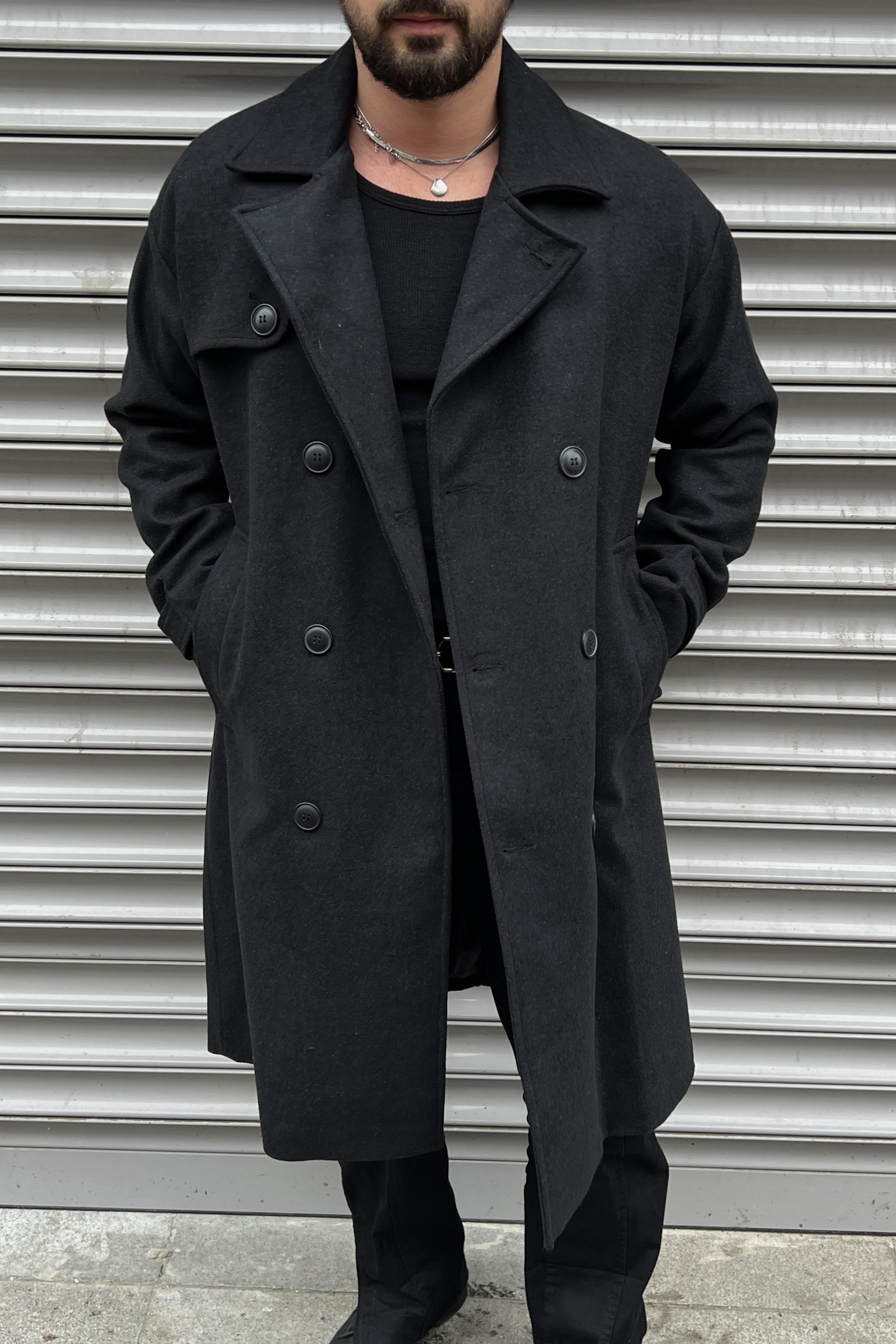 Oversize  Kol Detay Kaşe Kaban Siyah