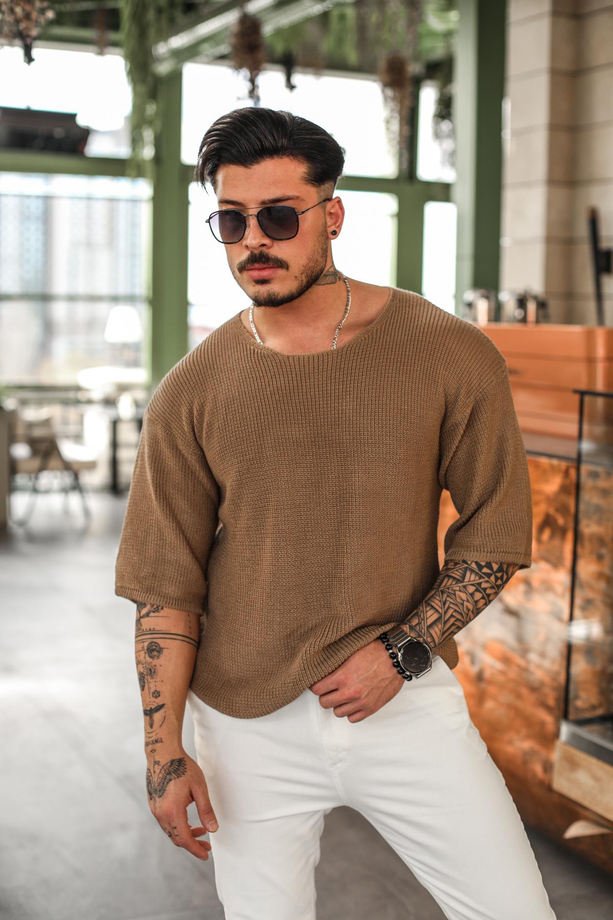 Oversize Örgülü Fakir Kol T-Shirt Beyaz Kahve