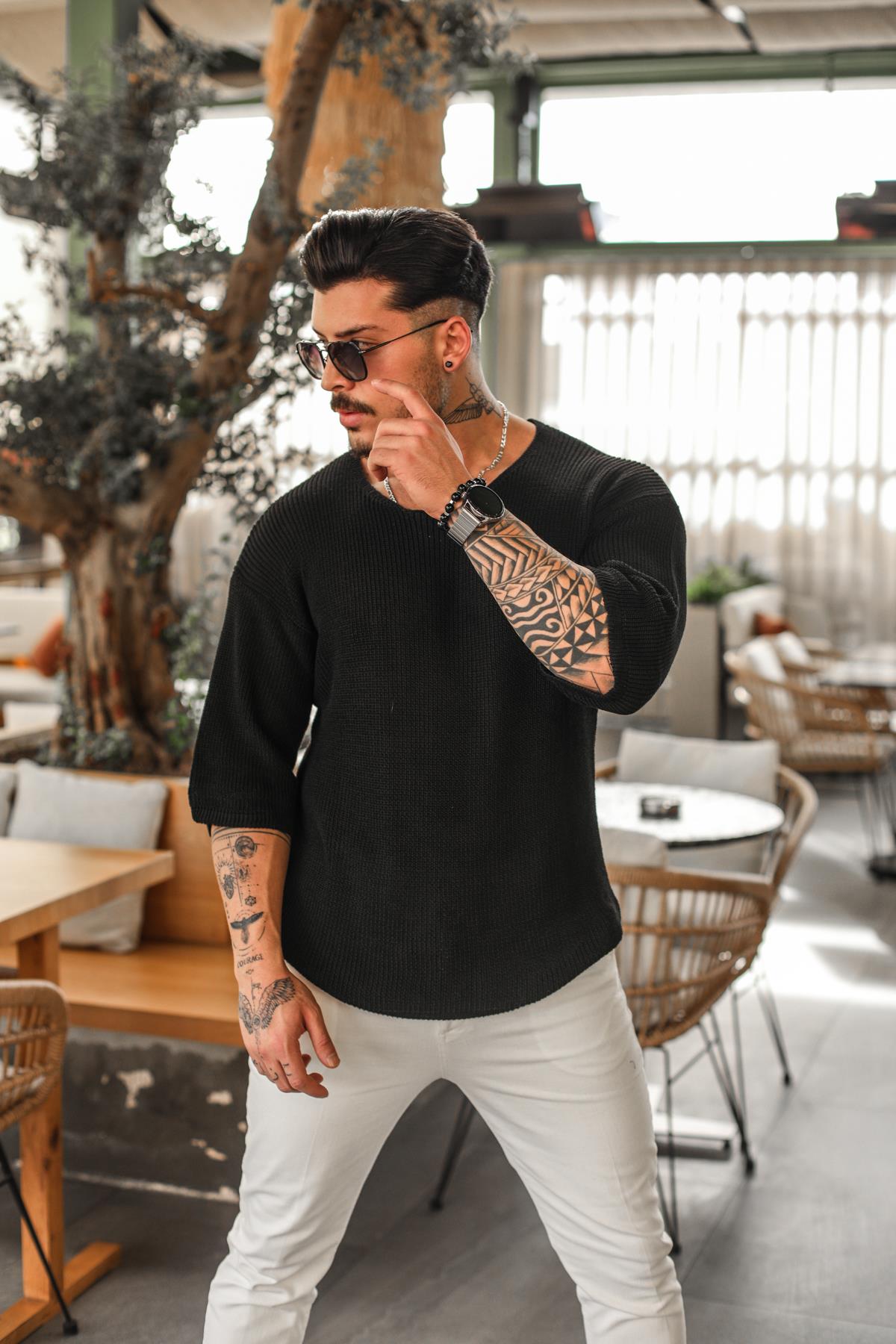 Oversize Örgülü Fakir Kol T-Shirt Beyaz Siyah