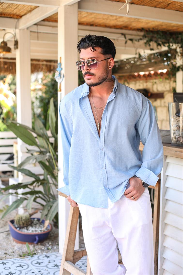 Oversize Yaka Düğmeli Dokulu Gömlek Açık Mavi