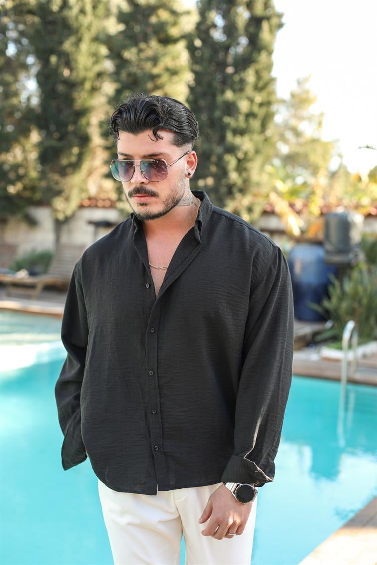 Oversize Yaka Düğmeli Dokulu Gömlek Siyah