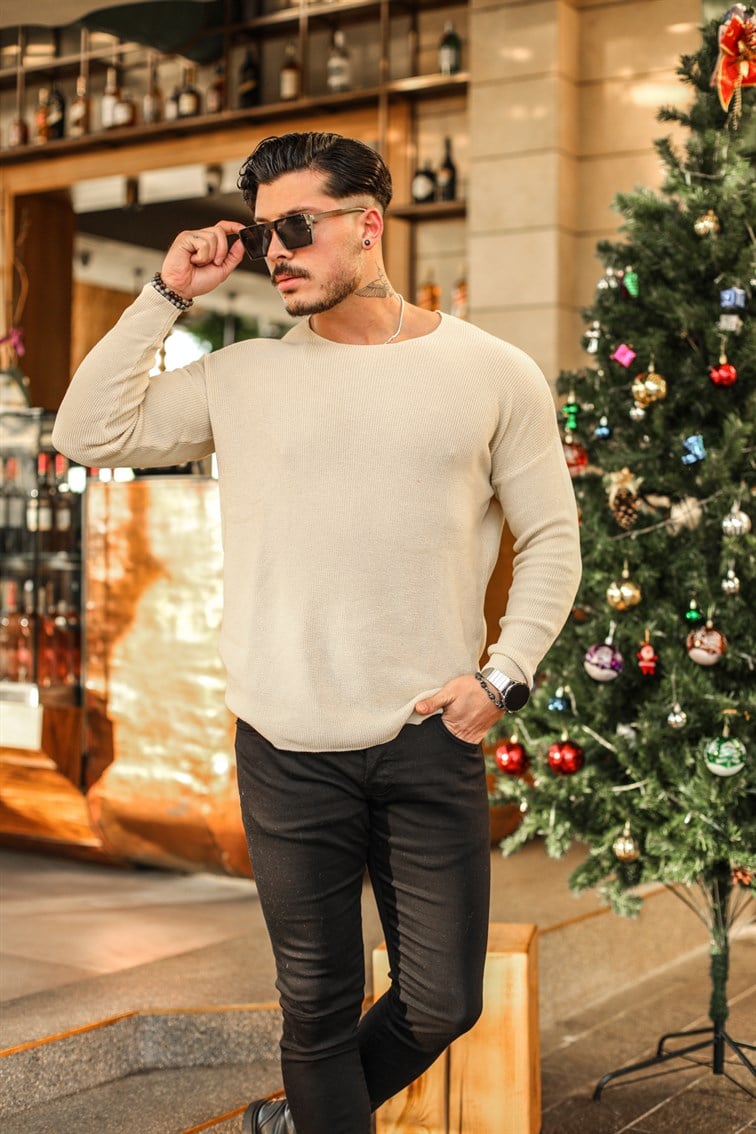 Oversize Yakasız Örgülü Kazak