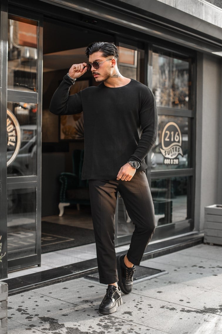 Oversize Yakasız Örgülü Kazak