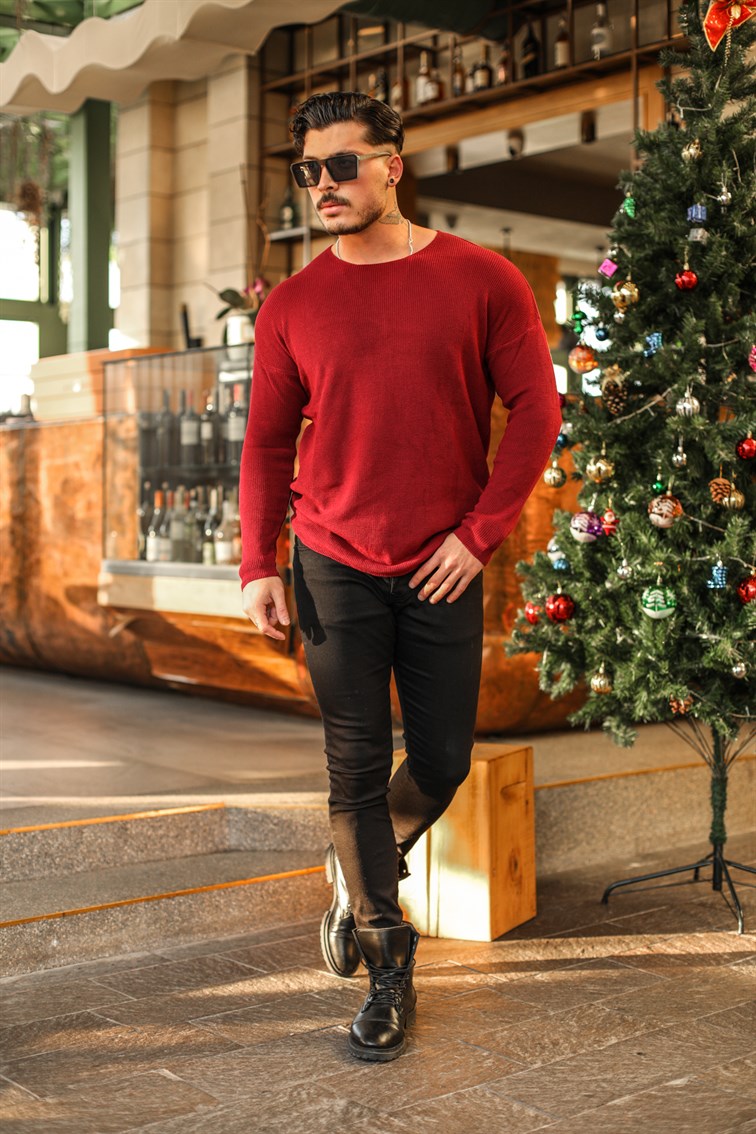 Oversize Yakasız Örgülü Kazak