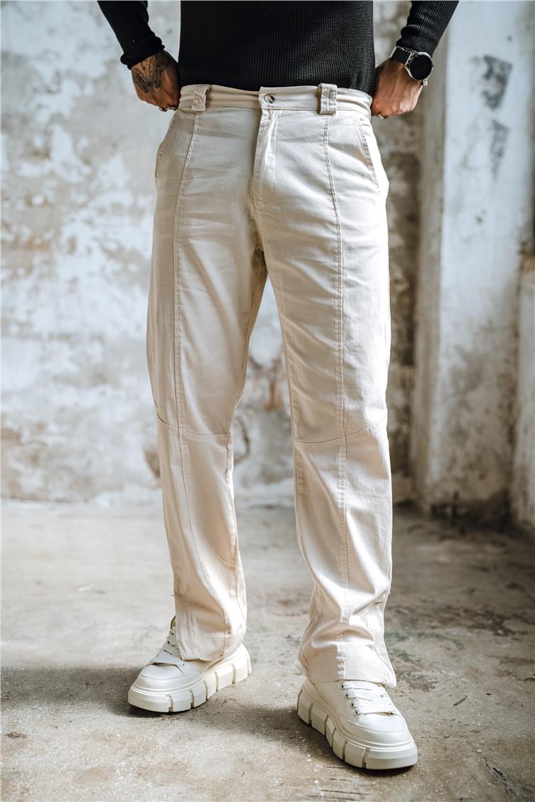 Paça Fermuarlı Baggy Pantolon Krem