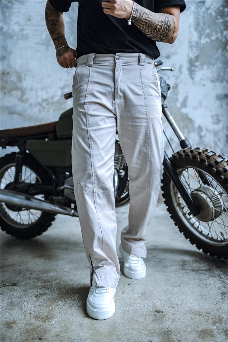 Paça Fermuarlı Baggy Pantolon Taş