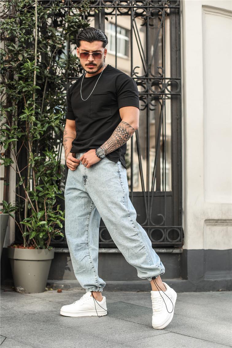 Paçası Ayarlanabilir Yıkamalı Baggy Jean Yıkamalı Mavi