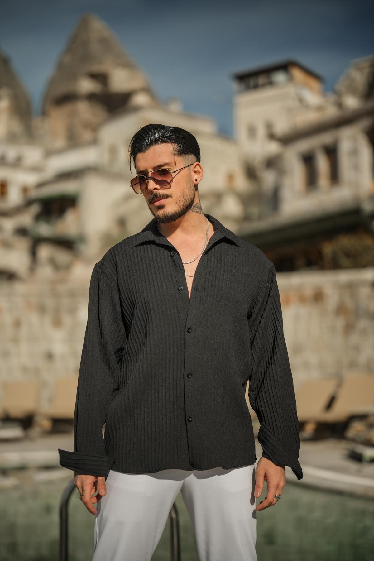 Pamale Kumaş Oversize Gömlek Siyah