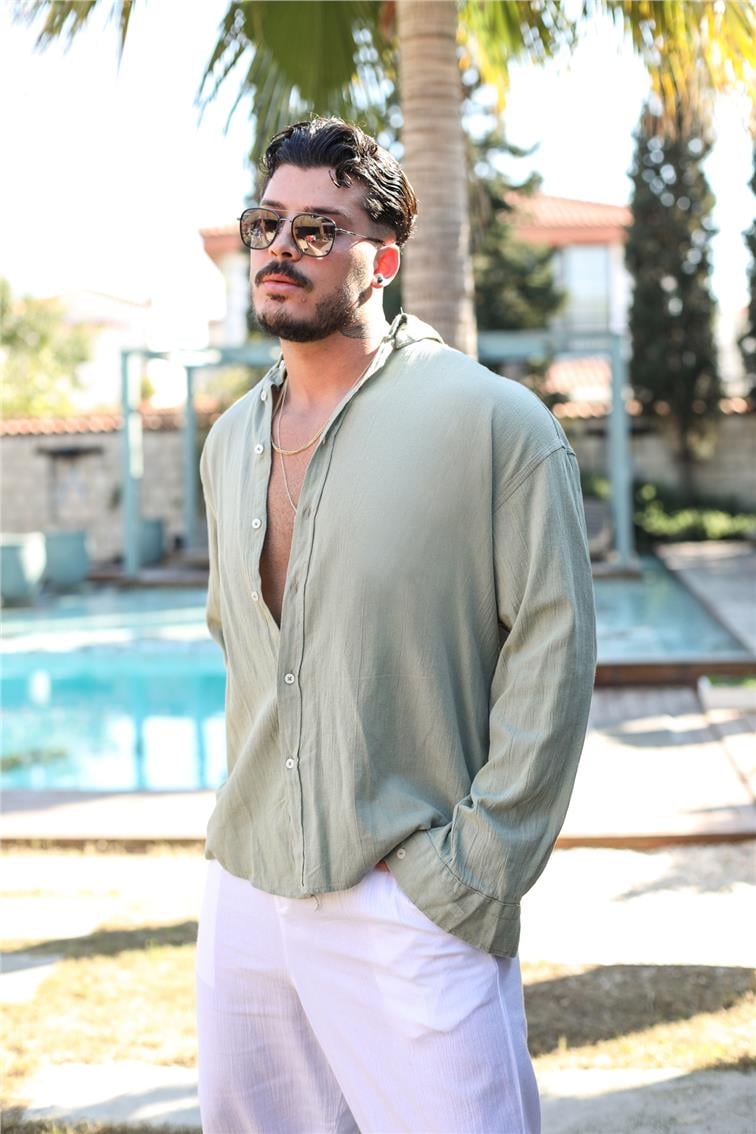 Pamuklu Beyaz Düğmeli Oversize Gömlek Mint