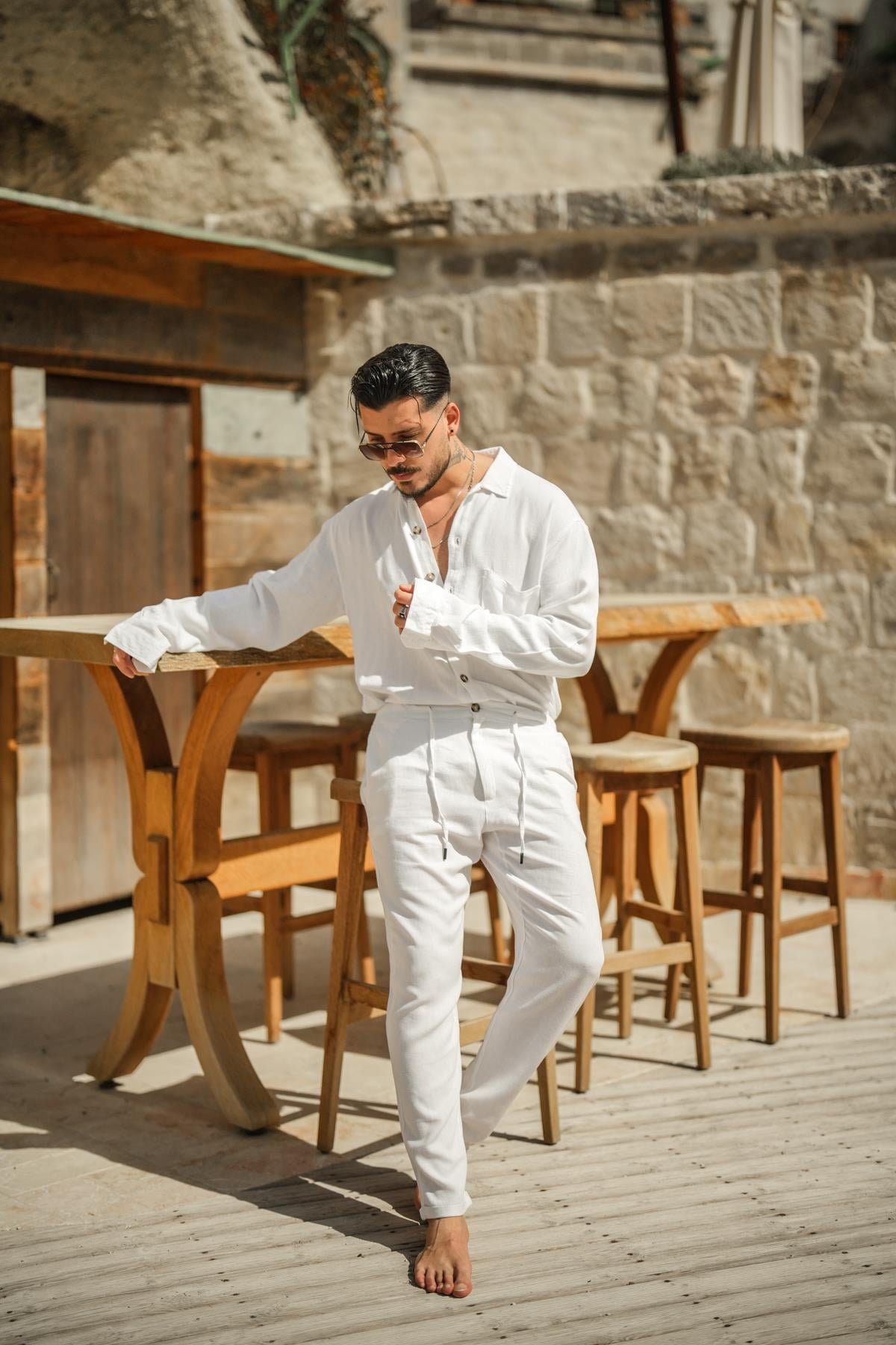 Pamuklu Keten Double Paça Pantolon Beyaz