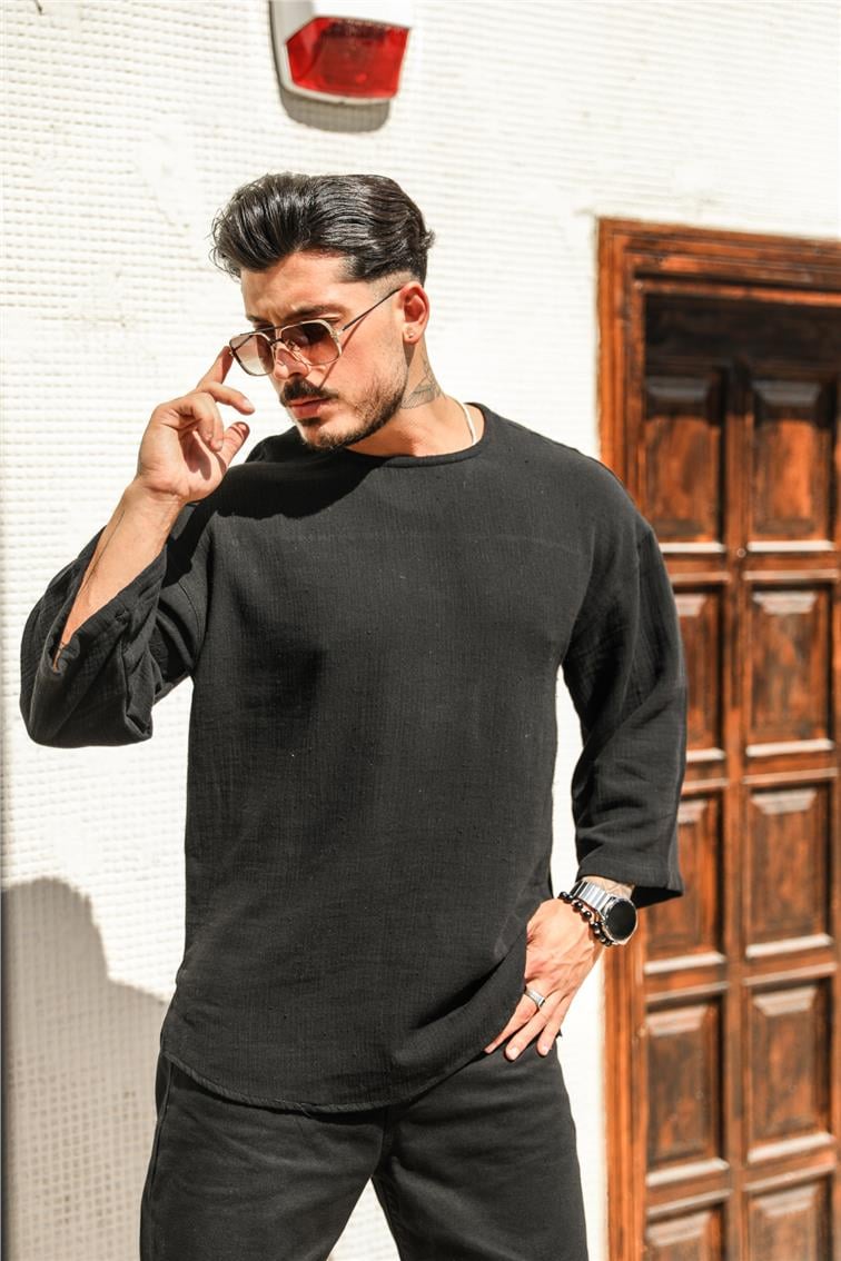 Pamuklu Non Iron Fakir Kol Oversize T-Shirt Siyah