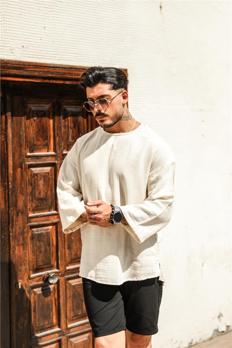 Pamuklu Non Iron Fakir Kol Oversize T-Shirt Krem